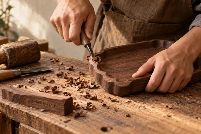 Illustrative AI study of a craftsperson carving walnut with a gouge