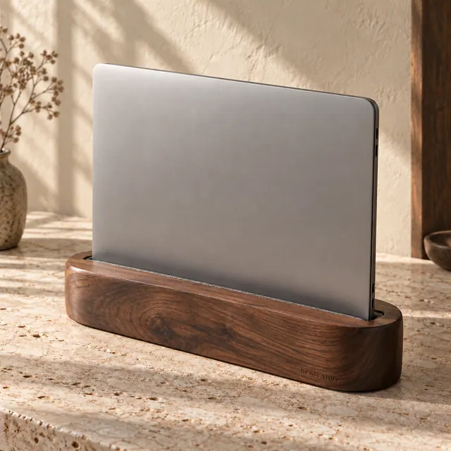 Vertical walnut laptop-dock concept holding a closed silver laptop