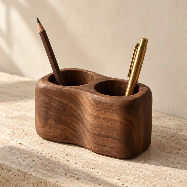 Two-well walnut pen-holder design with a pencil and brass pen