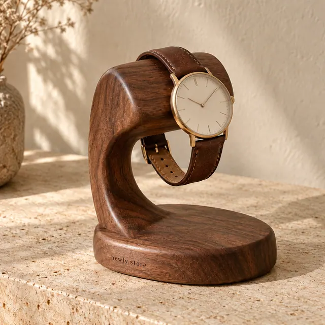 Curved walnut watch-stand design holding a brown-strap watch, watch not included